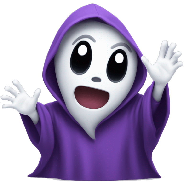 cute ghost with a black and purple hoodie on. waving hands in air can you make it animated emoji