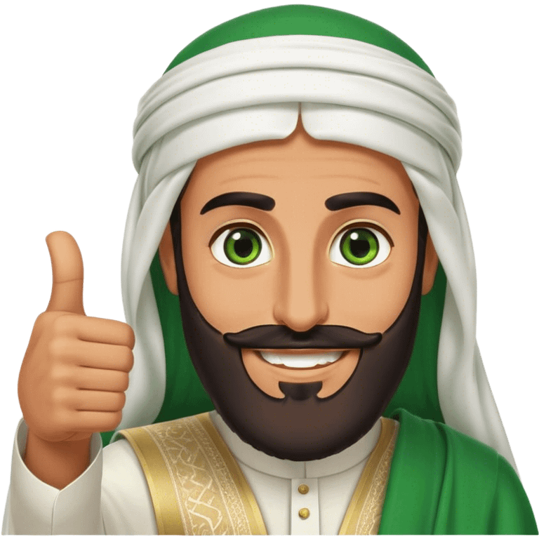 Tanned Arab Saudi man with green eyes and a beard, wearing traditional attire, smiling and giving a big thumbs-up emoji