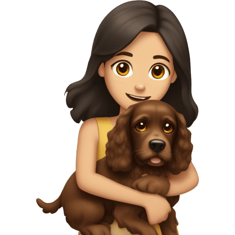 A girl with dark hair and light eyes hugs a brown spaniel emoji