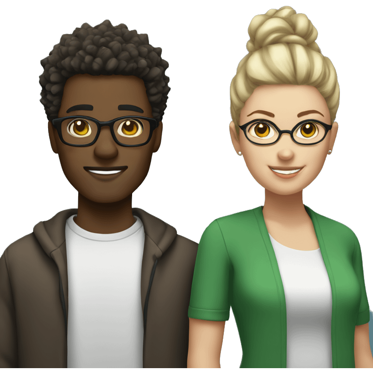 black male with spikey hair and glasses and white female with brown wavy hair , green eyes and glasses emoji