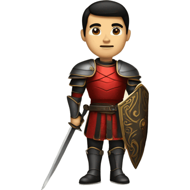 Vintage Tanned man with black hair and stern face with a pointed chin triangular jawline wearing red and black armour holding sword vintage intricate patterns emoji