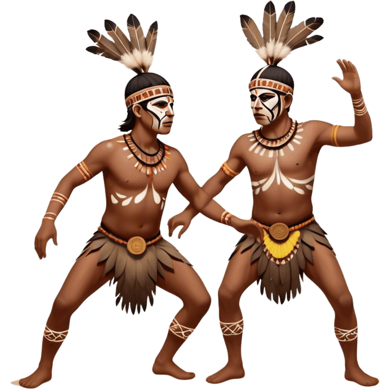 Cinematic Realistic scene of two indigenous male aboriginals performing an Aboriginal Corroboree, adorned in traditional body paint, captured in fluid motion with earthy tones and vibrant, cultural lighting emoji