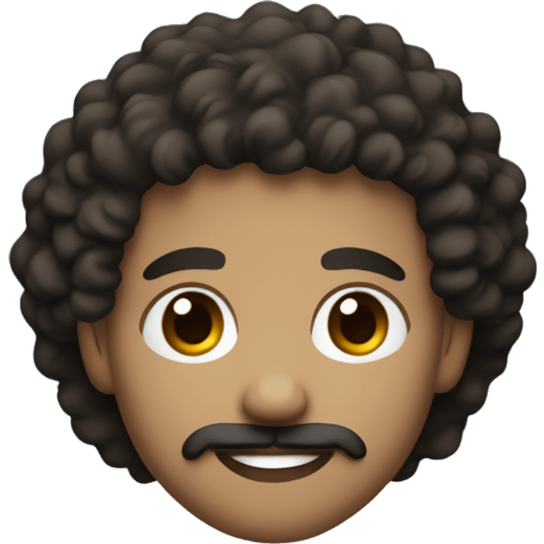 white skin young guy with brown eyes and wavy/curly hair in black leaning to brown color. with goatee and a mustache emoji