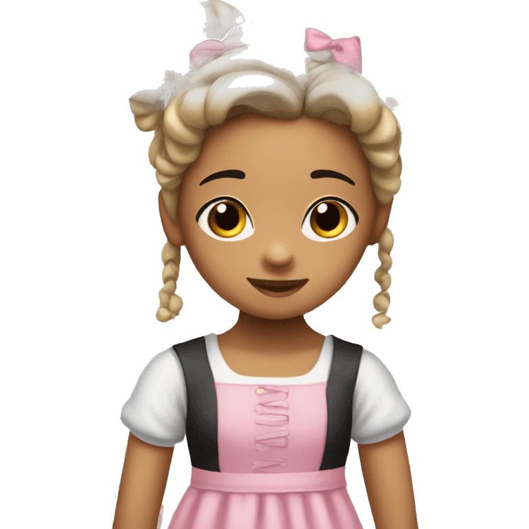 white little girl with black pigtails, brown eyes, pink cami dress, and bows in her hair  emoji