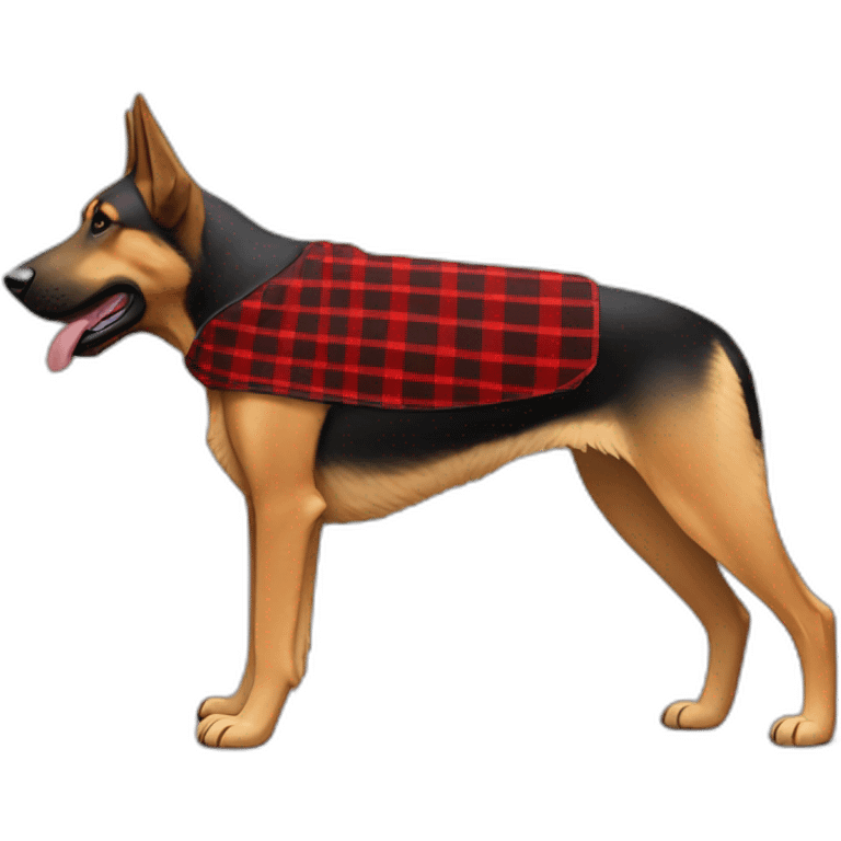 75% Coonhound 25% German Shepherd mix dog wearing small pointed red buffalo plaid bandana side view full body facing left emoji