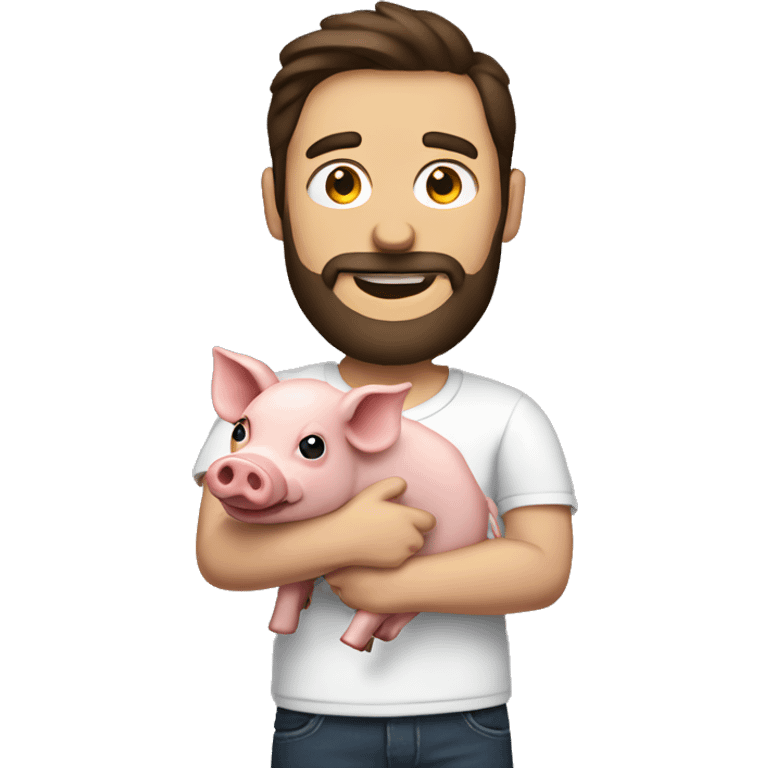 Brunette man with beard holding a pig in one hand and bacon in another hand  emoji