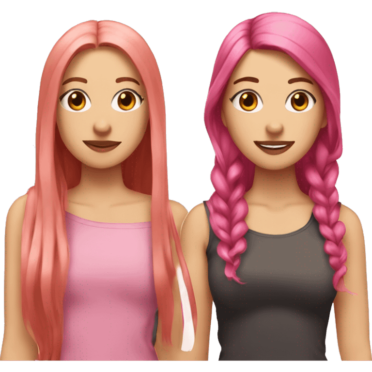 two besties, one shoulder length straight pink hair, the other long wavy brown hair both are white emoji