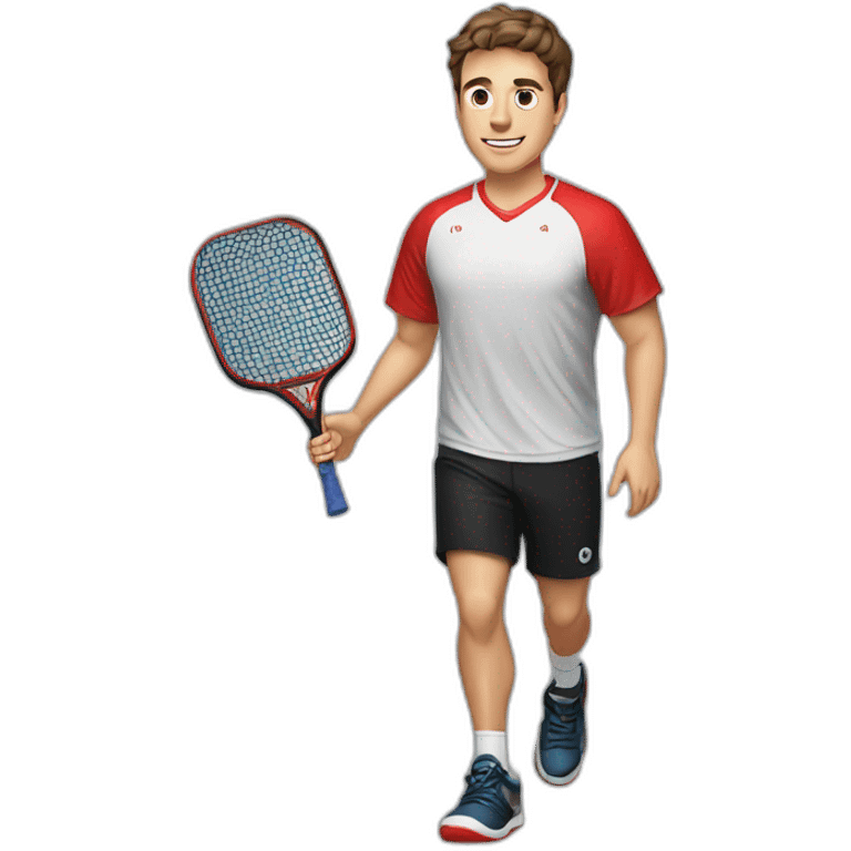 Young guy with brown hair playing pickleball full body red shirt black shorts solid black paddle emoji