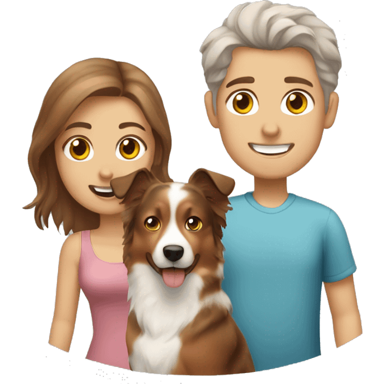 White couple with Australian shepherd dog and brown tabby cat emoji