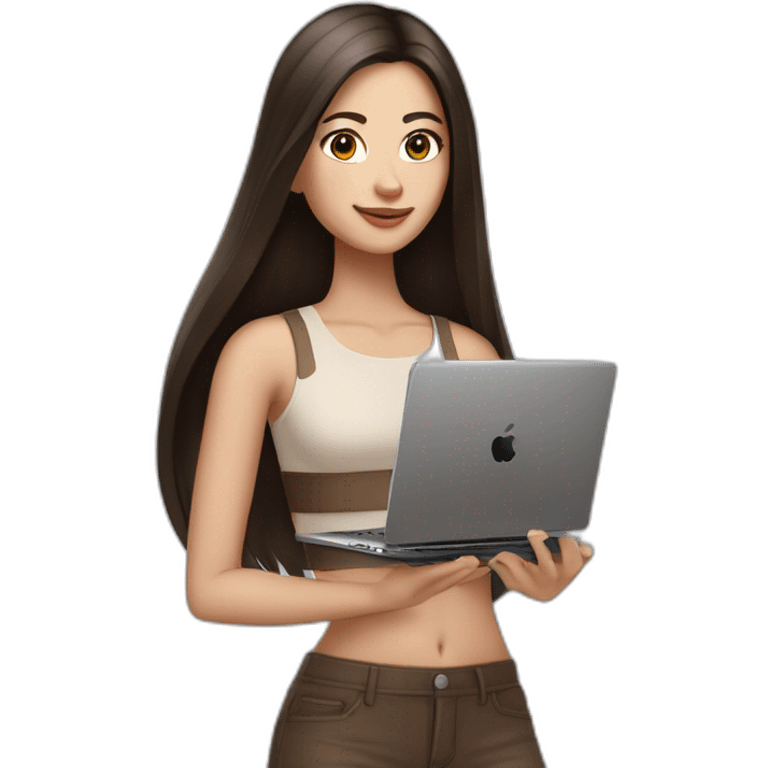 Beautiful woman, white skin,  long straight hair dark brown, dark brown eyes, with an iphone 14 pro max and a laptop, with basic outfit in nude color and comfy emoji