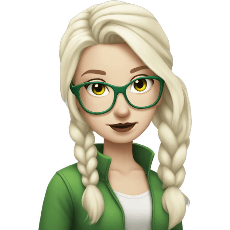 Pale white girl, platinum blonde hair in a pony tail, evil, green glasses emoji