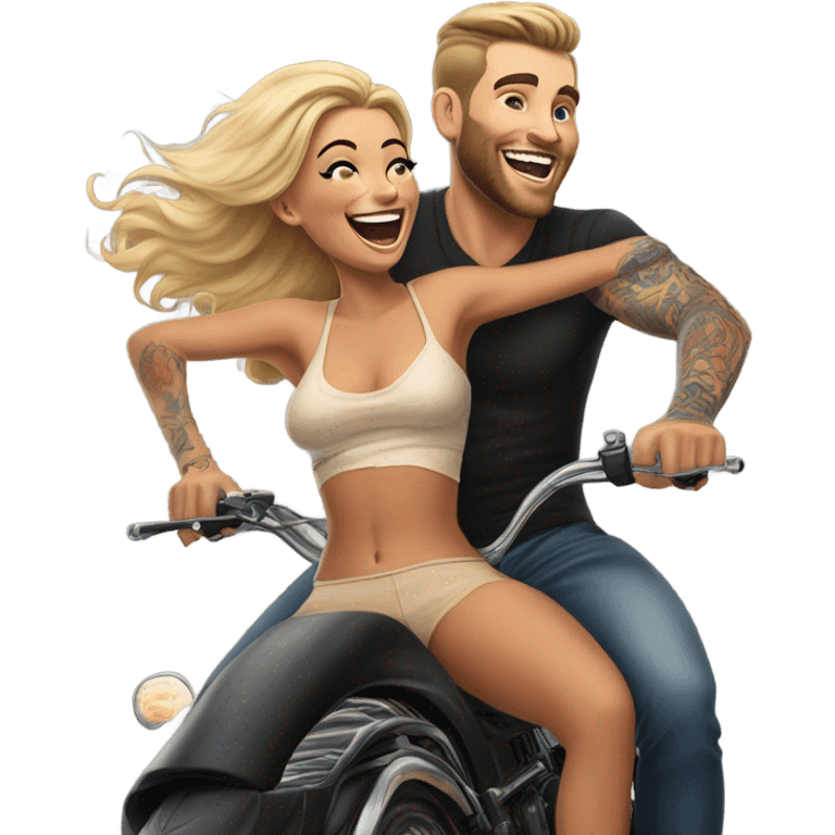 Hyper Realistic beautiful woman getting a piggy back off a handsome tattooed man laughing  emoji