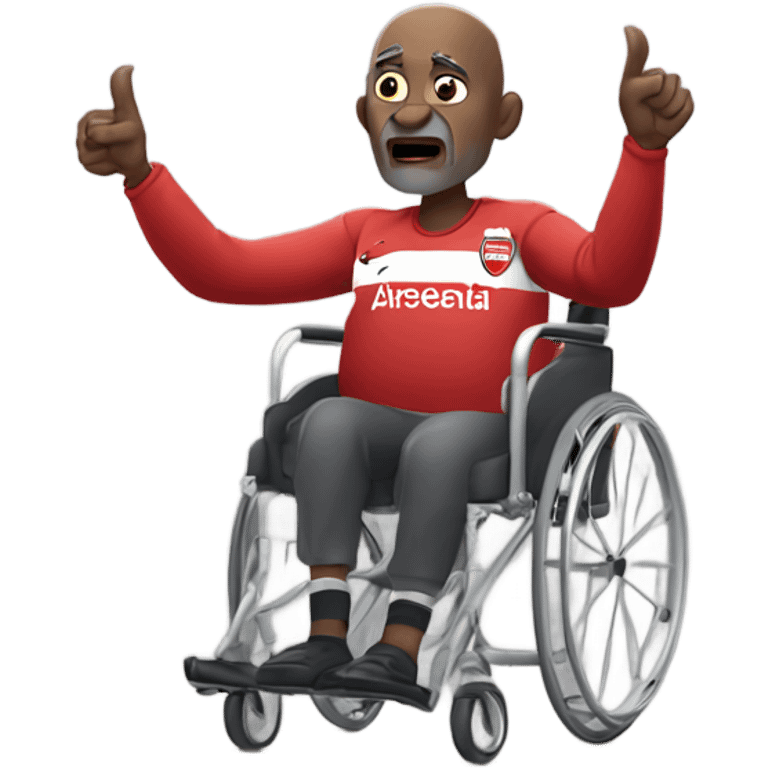 old black bald man with a round belly in wheelchair. angry face. grey stubble. he is pointing finger in front. wearing Arsenal soccer shirt. a speech bubble with the word: "Mojdeh!" emoji