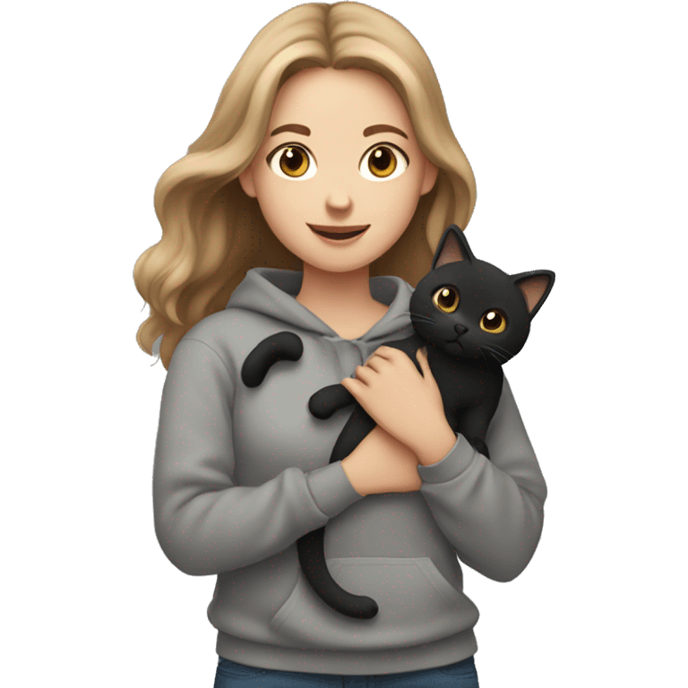 girl with light brown hair and a grey sweatshirt holding a fluffy black cat emoji