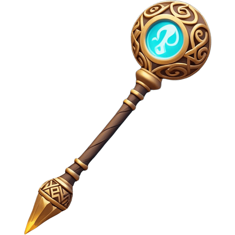 Clash of Clans aesthetic: Cinematic Playful Magic Staff Emoji, rendered in a 3D vector-style similar to standard emojis with minimal shading and bold, simplified shapes. A compact, isometric enchanted staff with intricate runic carvings and a glowing orb at its tip, softly glowing with a mystical arcane charm. Simplified yet unmistakably iconic, highly detailed and consistent, glowing with a soft radiant glow and high shine. Stylized with a touch of legendary sorcery and a soft glowing outline, capturing the essence of a powerful magic staff with a friendly, playful vibe! emoji