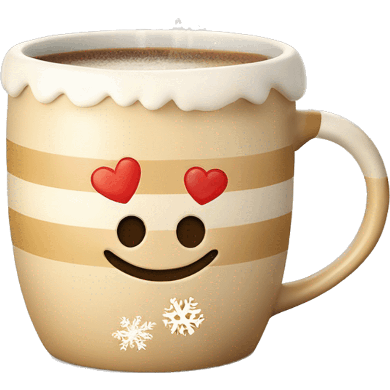 mugs with a hot drink decorated with snowflakes or a striped caramel stick. Steam rises from the mug in the shape of hearts. The color of the mug is warm beige emoji