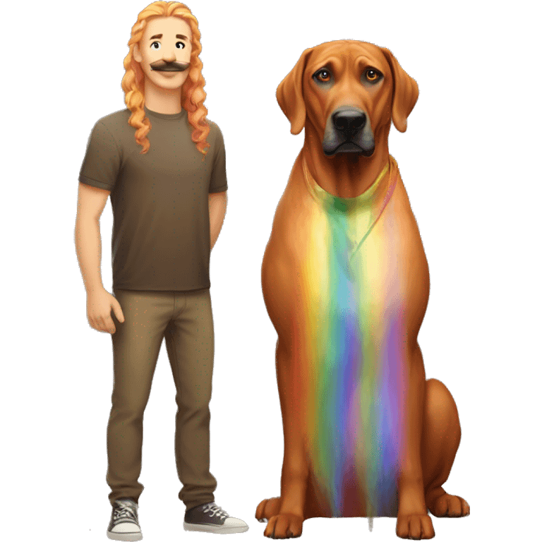 white male with long rainbow colored hair and curled mustache standing alongside a brown rhodesian ridgeback dog emoji