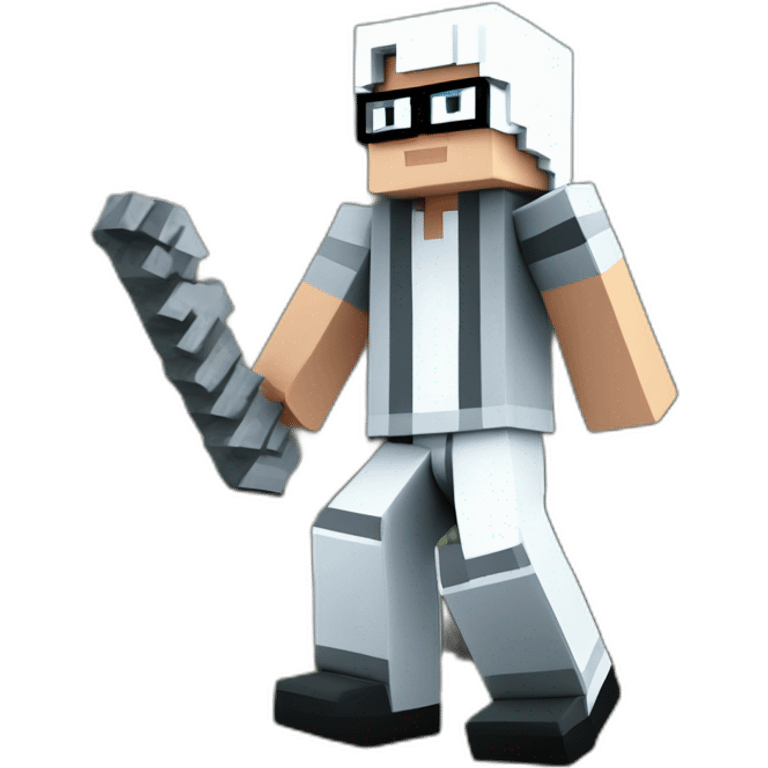 A minecraft character with white skin, white hair, thug life glasses, pale gray striped shirt, gray white pants and black shoes is digging a mountain in minecraft, the game land. emoji