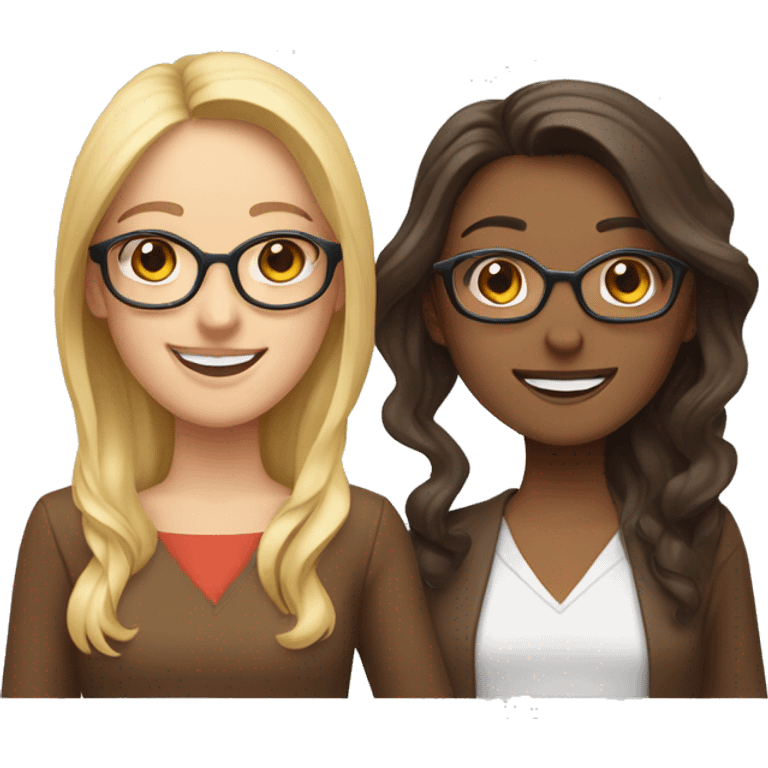 Smiling woman on the left side blonde with blue eyes and middle length straight hair and on tve right brunette with wavy hair, brown eyes and brown glasses, smiling and holding hands emoji