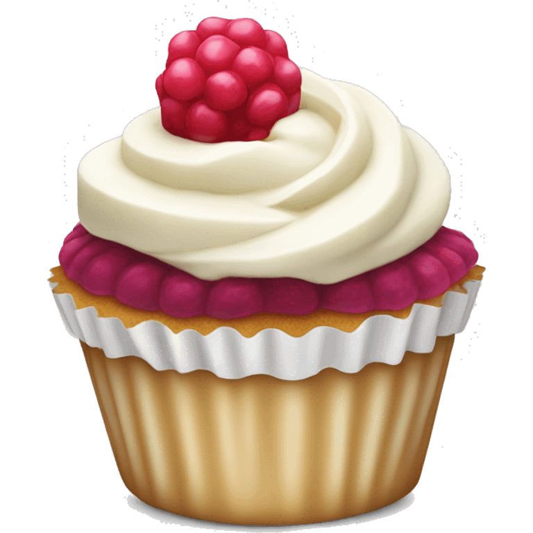 Vanilla cupcake with white icing and raspberry on top emoji