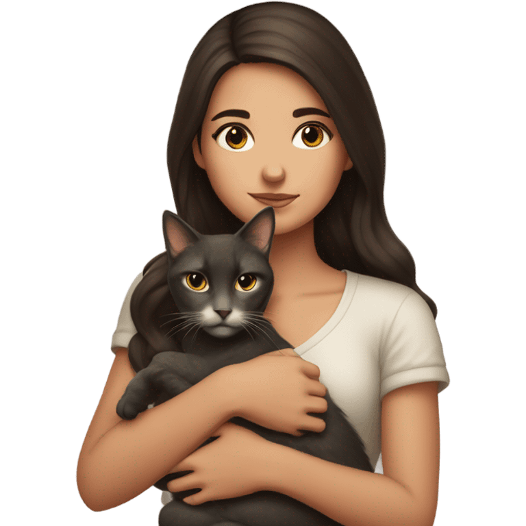 portrait of a beautiful brunette girl holding a cat emoji