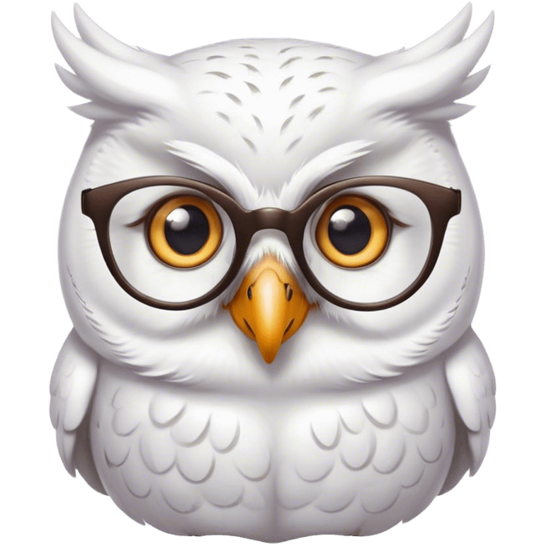 Thin feminine bright White owl with glasses and a question mark thought bubble emoji