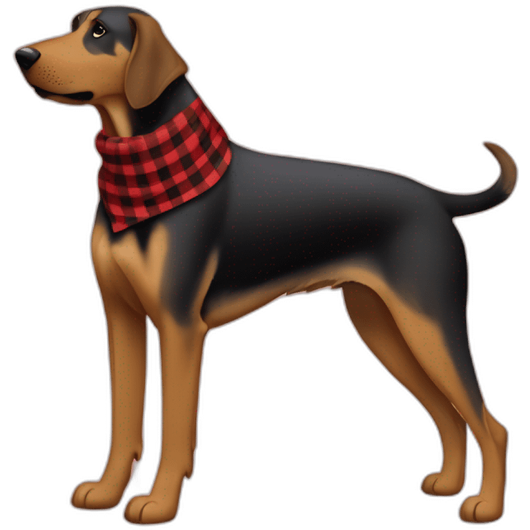 adult 75% Coonhound 25% German Shepherd mix dog with visible tail wearing small pointed red buffalo plaid bandana full body walking left quickly emoji