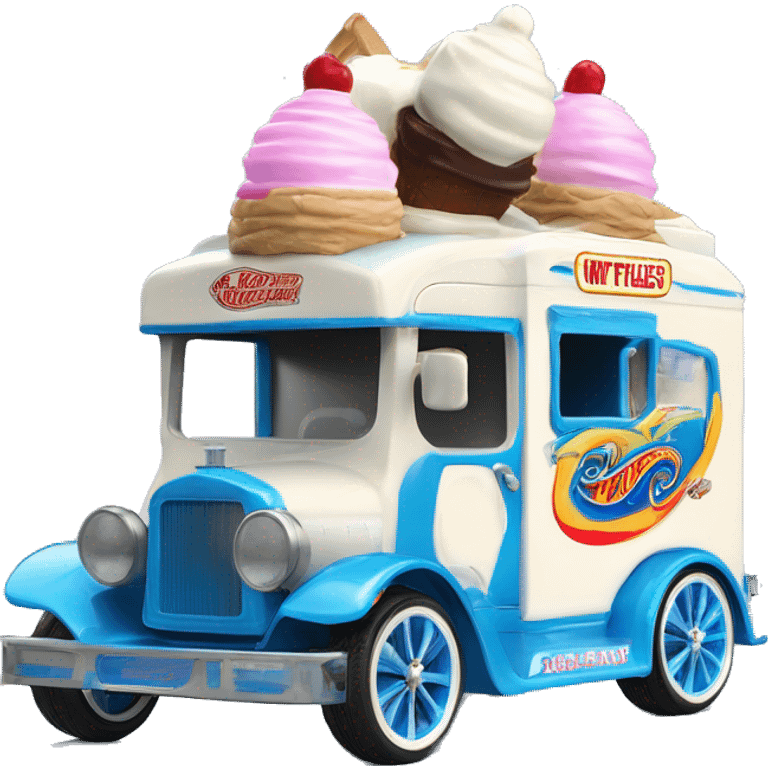 Hot wheels style, ice cream truck from 1912 with wide mag wheels, blue emoji