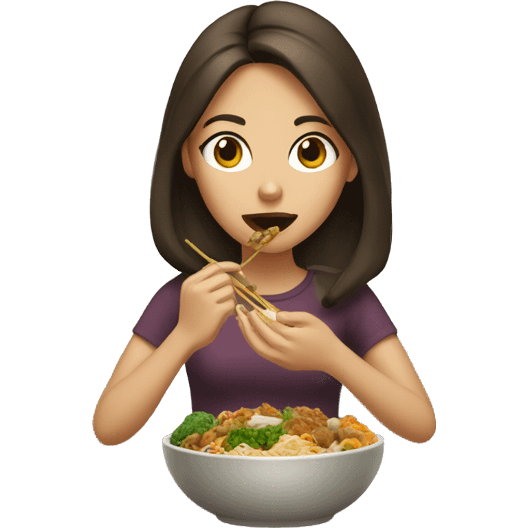 Brunette girl eating Asian food emoji