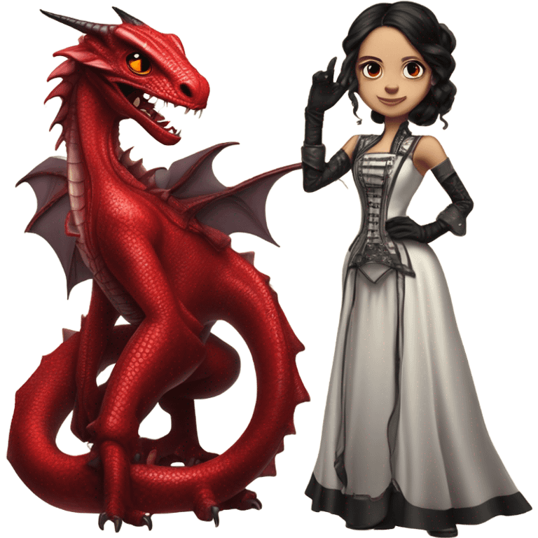 Lavish Victorian evening gown with gloves, Jenna Ortega as Addams girl Jedi wearing a steampunk mini tiara, standing next to a very large blood red evil-looking horned dragon emoji