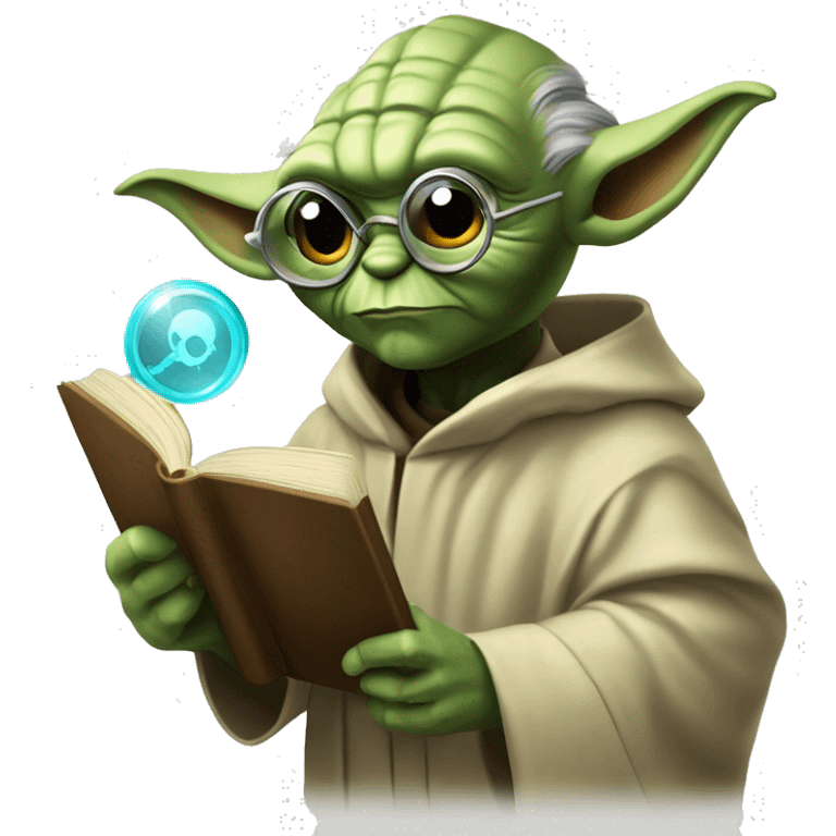 Master Yoda with a Detektiv magnifying glass and a book  emoji