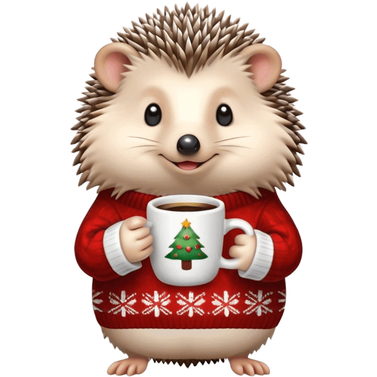 hedgehog wearing a Christmas sweater full body little arms, holding a coffee cup emoji