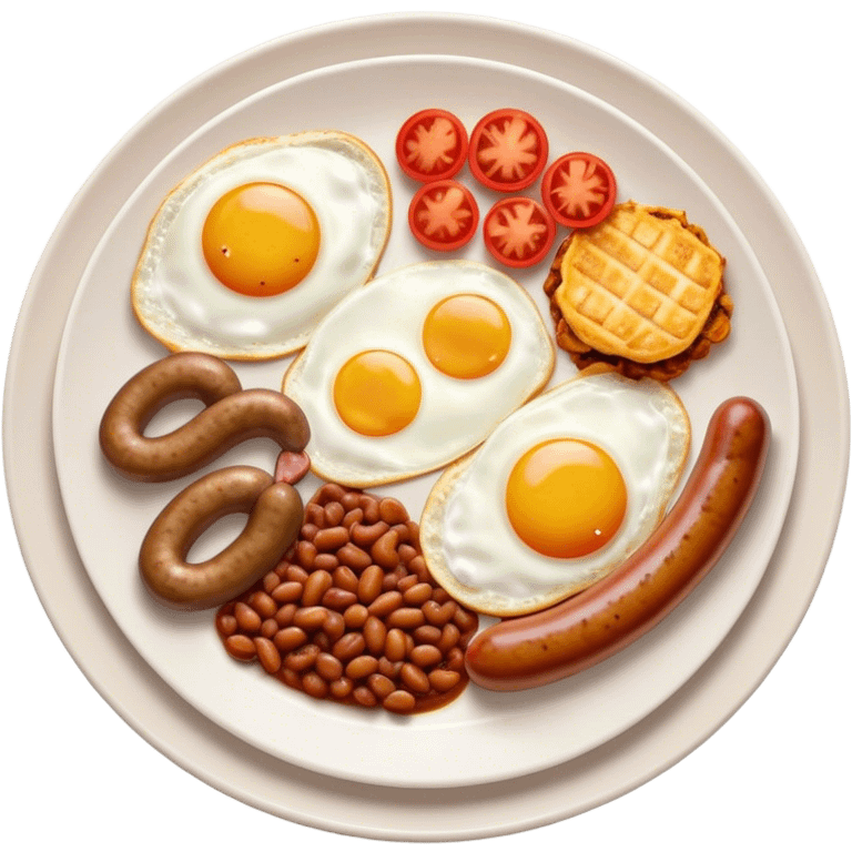 English Breakfast Cinematic Realistic English Breakfast Dish Emoji, depicted as a hearty plate featuring 2 sizzling sausages, a central serving of baked beans, 2 perfectly fried eggs, 2 sliced grilled tomatoes, 2 grilled mushrooms, and a triangle-shaped hash brown, rendered with vivid textures and warm, inviting lighting. emoji