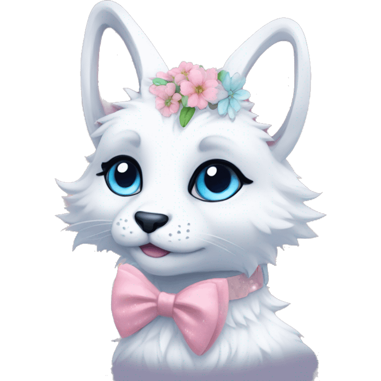 Anthro Cute Cool Kawaii gorgeous sparkly ethereal fantasy animal creature with blue eyes furry sona with flowers and bow tie beautiful aesthetic emoji