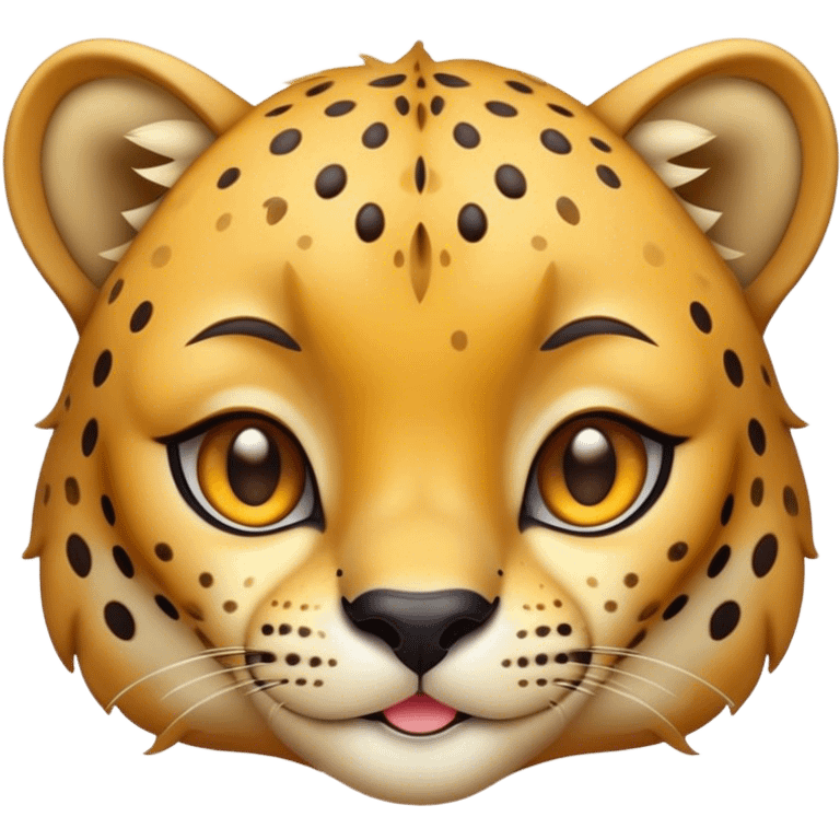 Cinematic Cute Cheetah Portrait Emoji, Head tilted playfully and inquisitively, featuring a glossy, golden spotted Fur with a natural sheen, round, sparkling amber eyes filled with curious mischief, Simplified yet irresistibly adorable features, highly detailed, glowing with a warm, friendly glow, high shine, affectionate and agile, stylized with a touch of savannah whimsy, bright and endearing, soft glowing outline, capturing the essence of a mischievous yet loving cheetah, so playful it feels like it could dash out of the screen and into your arms! emoji