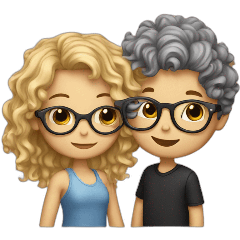 boy with curly blonde hair and glasses kissing girl with wavy black hair and glasses emoji