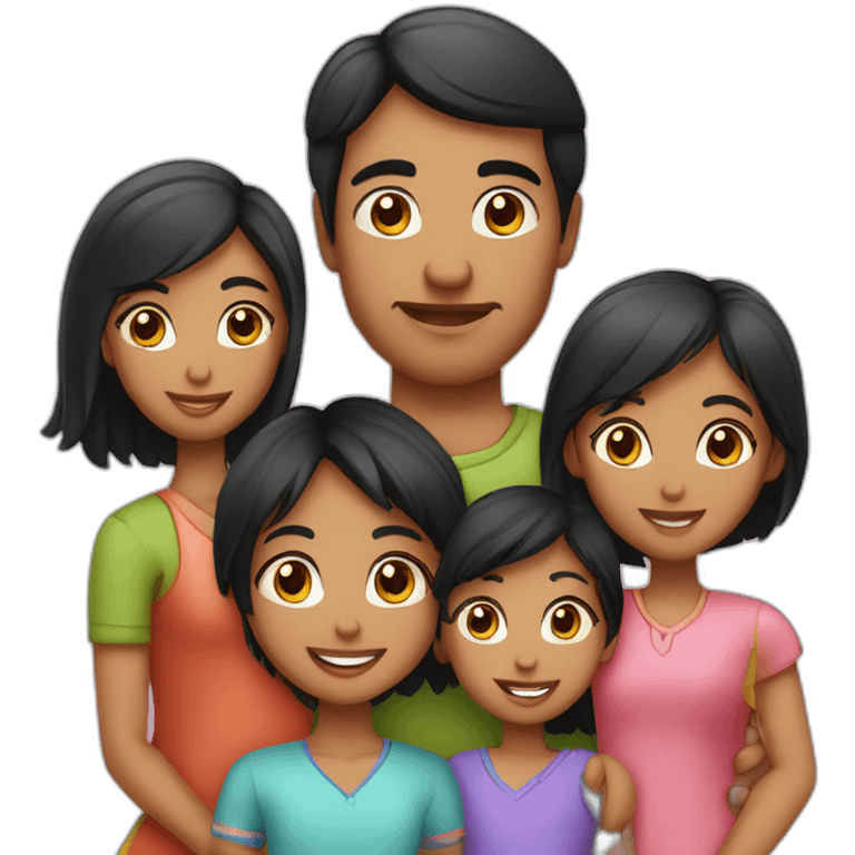 Indian family of 4 people, dad black hair, mom black hair, 1 girl child and 1 boy child and 1 daughters at home emoji