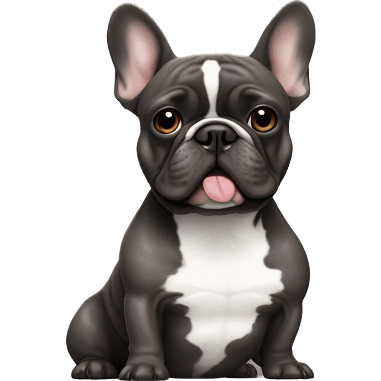 dark gray french bulldog without white sits next to a black brown brindle French bulldog, best friends emoji