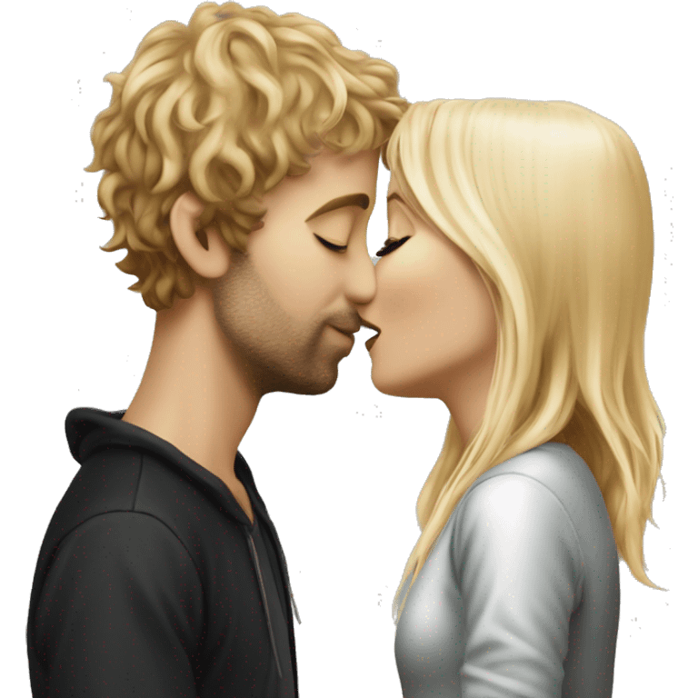 Pippin-hobbit wearing hoodie passionately kissing pretty blonde woman with black top emoji