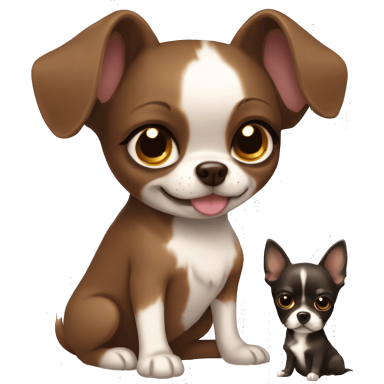 Girl with dark brown hairs, brown eyes with dog chihuahua gold, eyes brown hugs  emoji