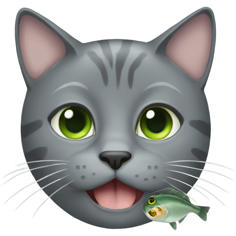 gray Cat green eyes eating fish emoji