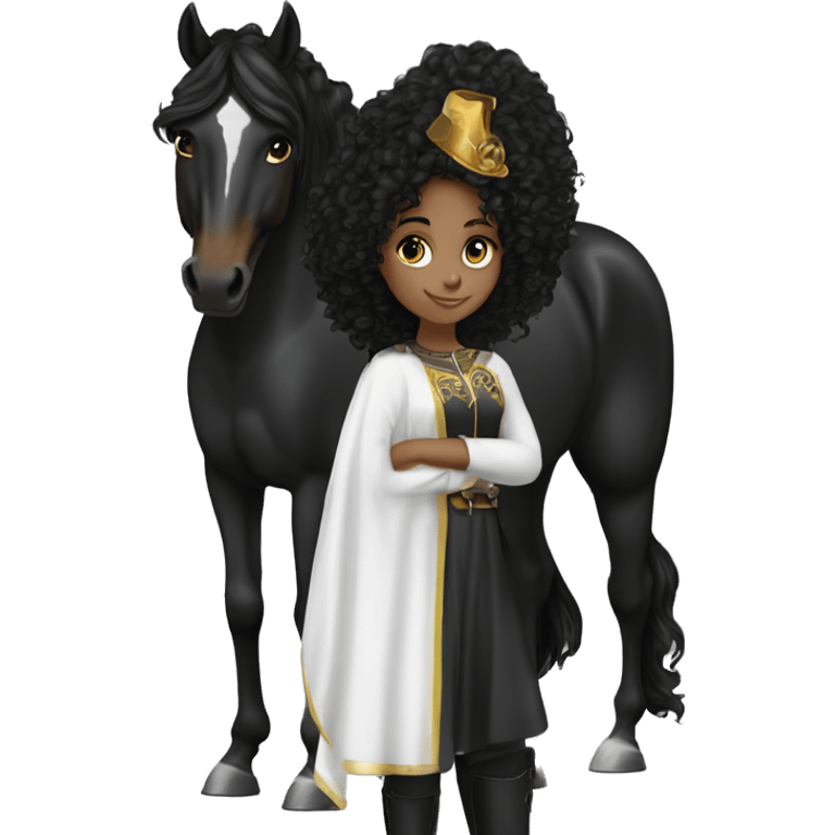  White Brazilian girl,  black curly hair, standing next to a black Arabian horse emoji