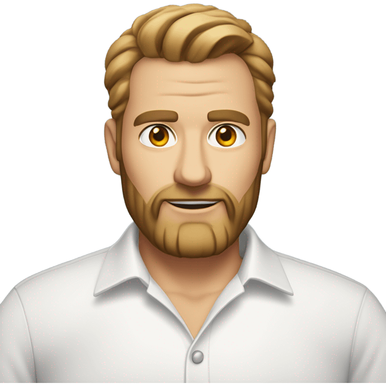 middle aged english man, short slicked back hair dark blonde, dark blonde medium length size full beard, wearing only a plain white smart shirt unbuttoned. emoji