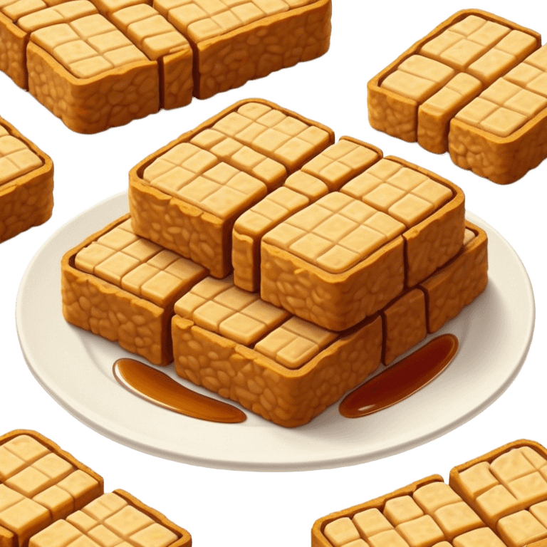 Tempeh Cinematic Realistic Tempeh Dish Emoji, depicted as crispy, sliced portions of fermented soy cake with a golden-brown finish, rendered with detailed textures and warm, inviting lighting. emoji