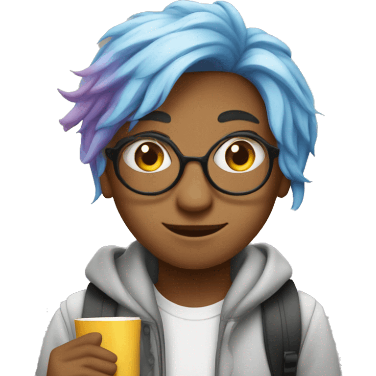 student with colored hair, creative personality, books in hand, coffee in hand

 emoji