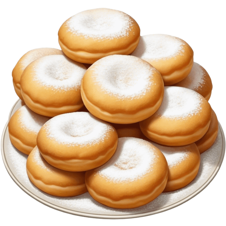 Cinematic Realistic image of simple round buñuelos, depicted with a lightly crisp, golden exterior and soft, airy interior, dusted with a subtle layer of powdered sugar and set against a rustic backdrop with warm, inviting lighting. emoji