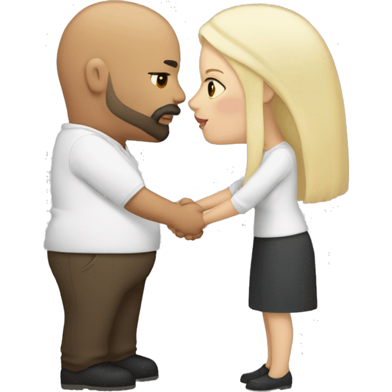 Chubby Dark tan male, bald with beard and mustache kissing a chubby white female with long straight platinum blonde hair  emoji