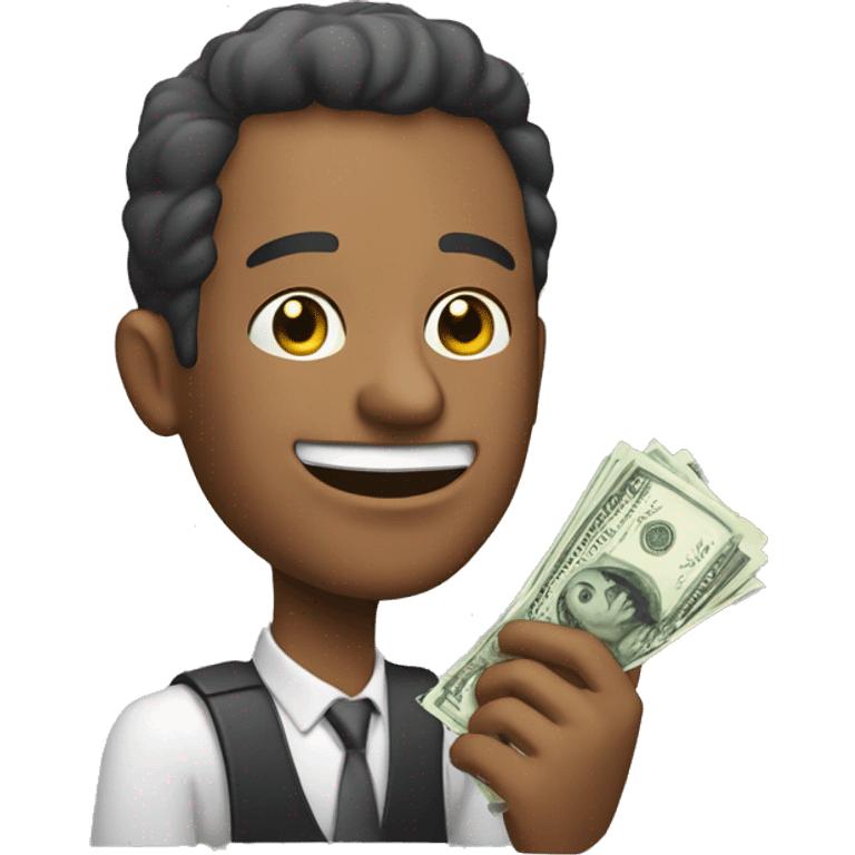 HEAD OF A MAN who looks happy, in his hand he holds money that he is wanting to offer for a sale purchase emoji