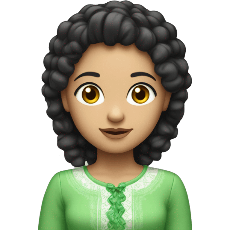 Uma menina branca com cabelos claros, olhos verdes, e blusa preta de gola alta emoji