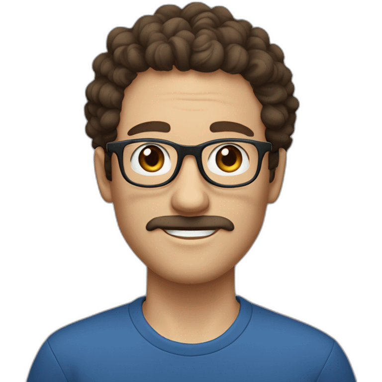 white man with short curly dark brown hair, blue small eyes, round eyeglasses and a brown mustache emoji